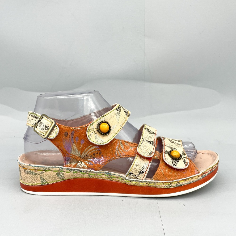 LArtiste Spring Step Womens 38 7.5 Payokya Sandals Orange Floral Leather Wedge